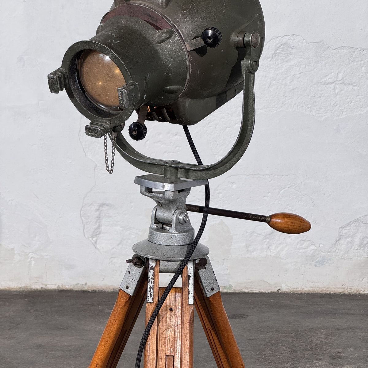 Strand Electric Theatre Spotlight on Adjustable Wooden Tripod, Mid-20th Century