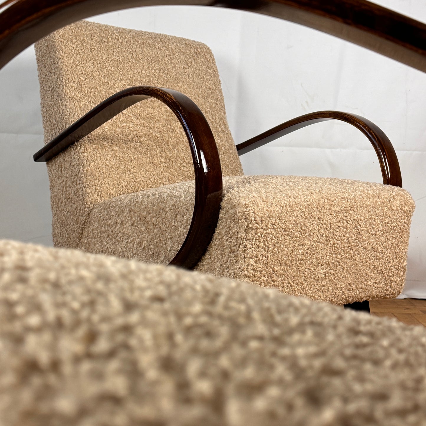 Pair of fully restored beige Jindrich Halabala H-410 art-deco armchairs 1930s