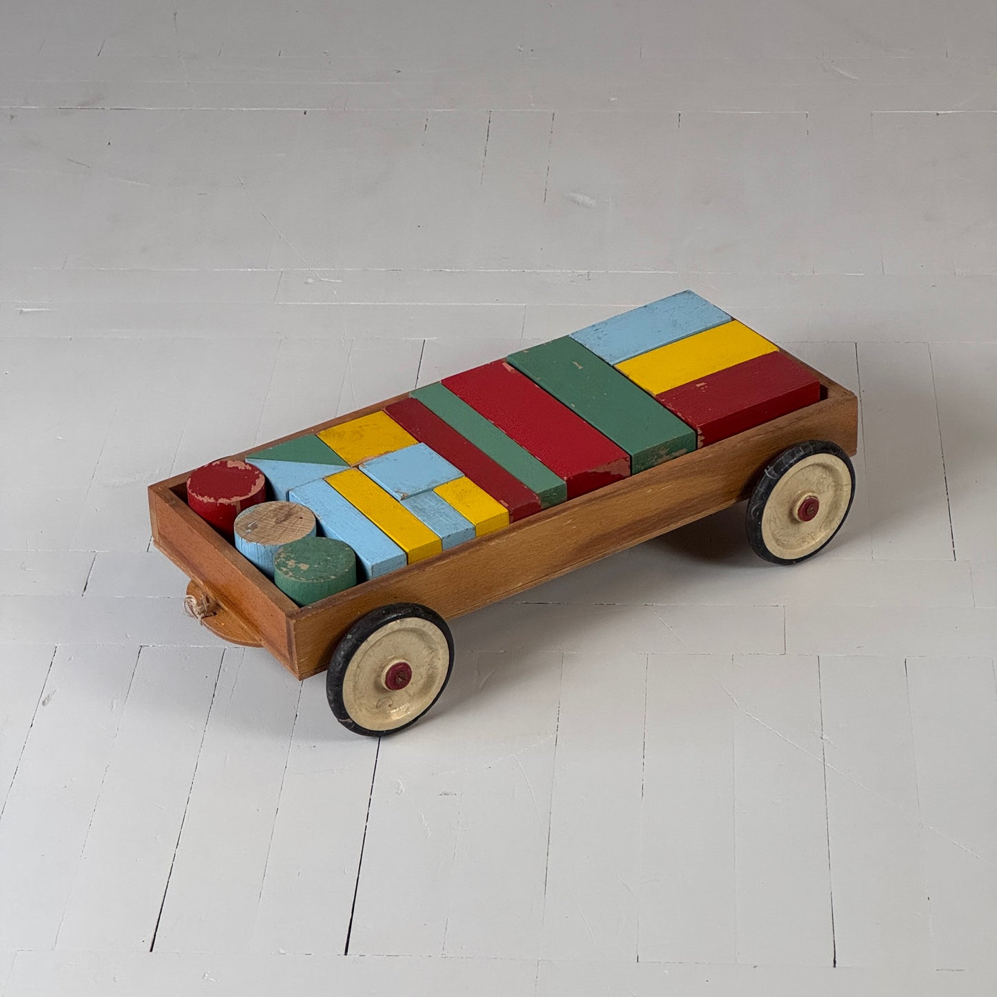 Mid-Century Kids Toy Colorful Building Bricks in Wooden Cart
