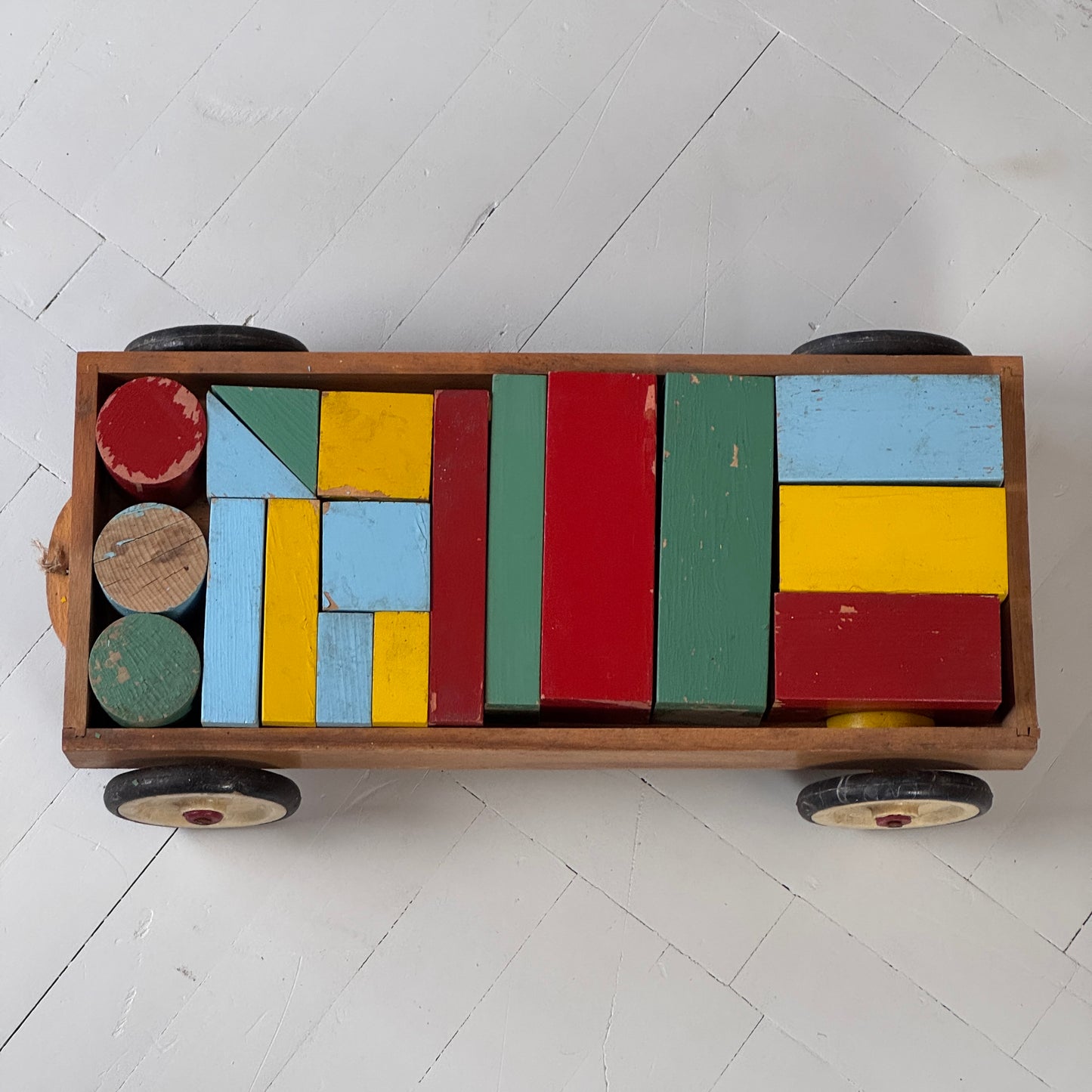 Mid-Century Kids Toy Colorful Building Bricks in Wooden Cart