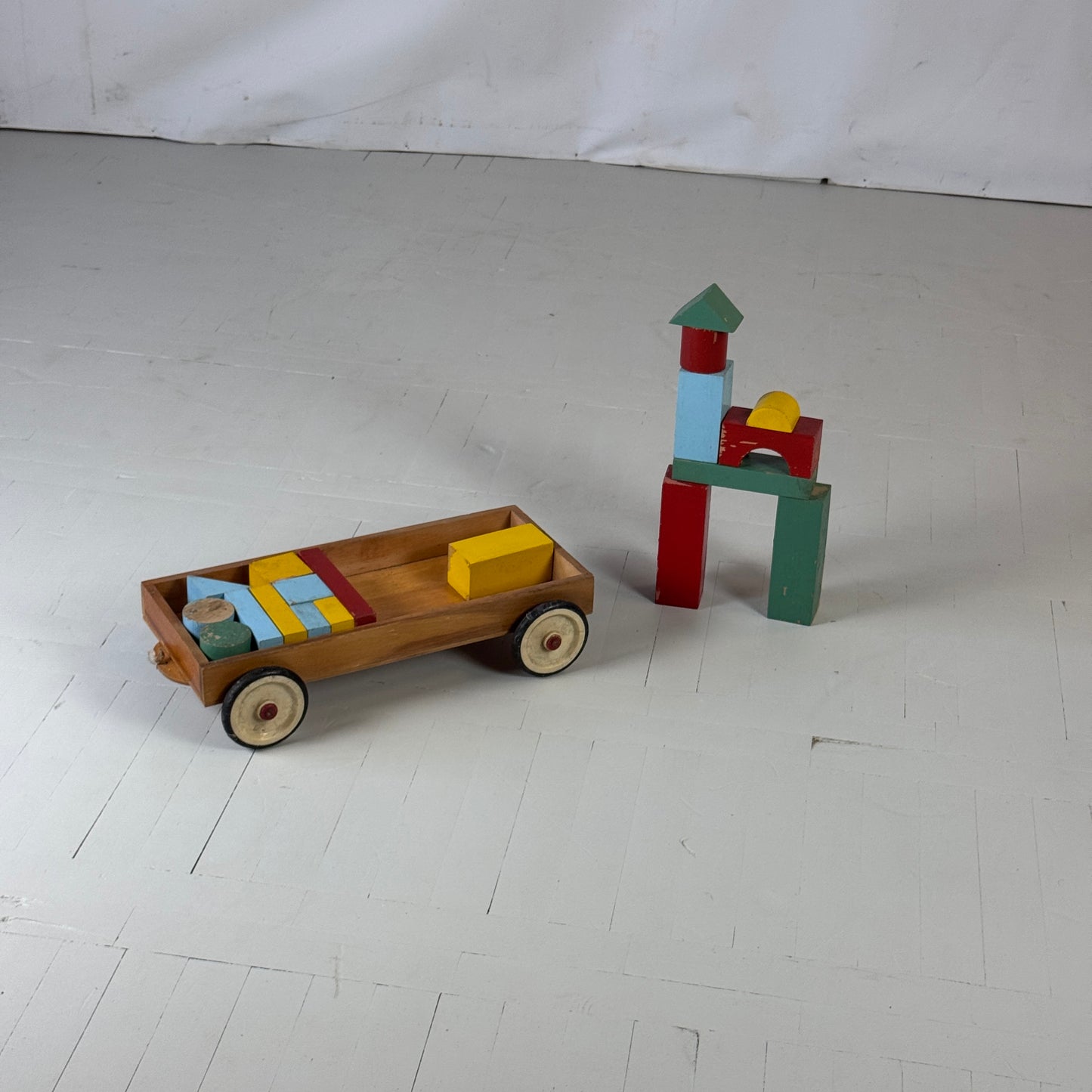 Mid-Century Kids Toy Colorful Building Bricks in Wooden Cart