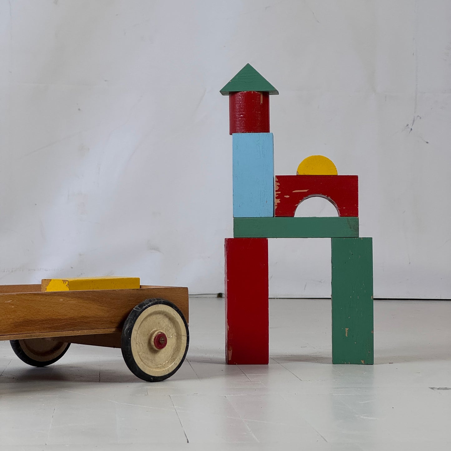 Mid-Century Kids Toy Colorful Building Bricks in Wooden Cart