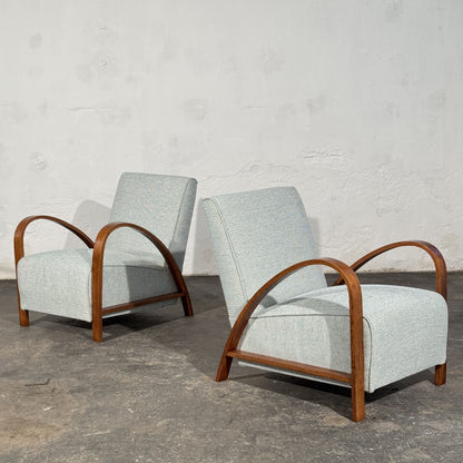 Pair of French Art Deco Style Armchairs with Arched Wooden Arms, 1960s