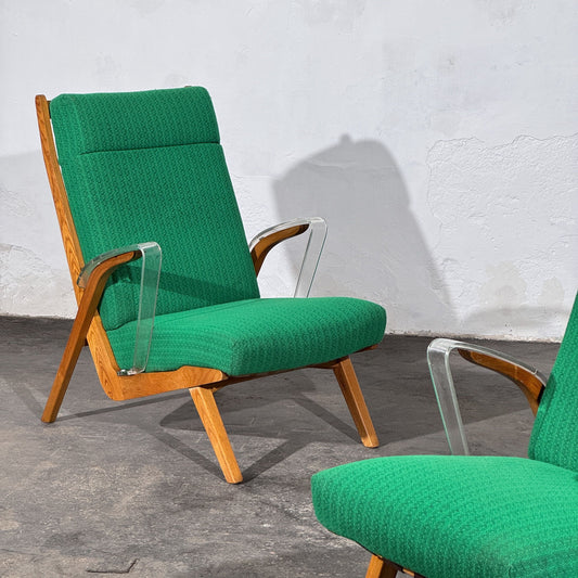 Pair of Green Armchairs with Lucite Armrests, Attributed to ULUV, Czechoslovakia, 1960s