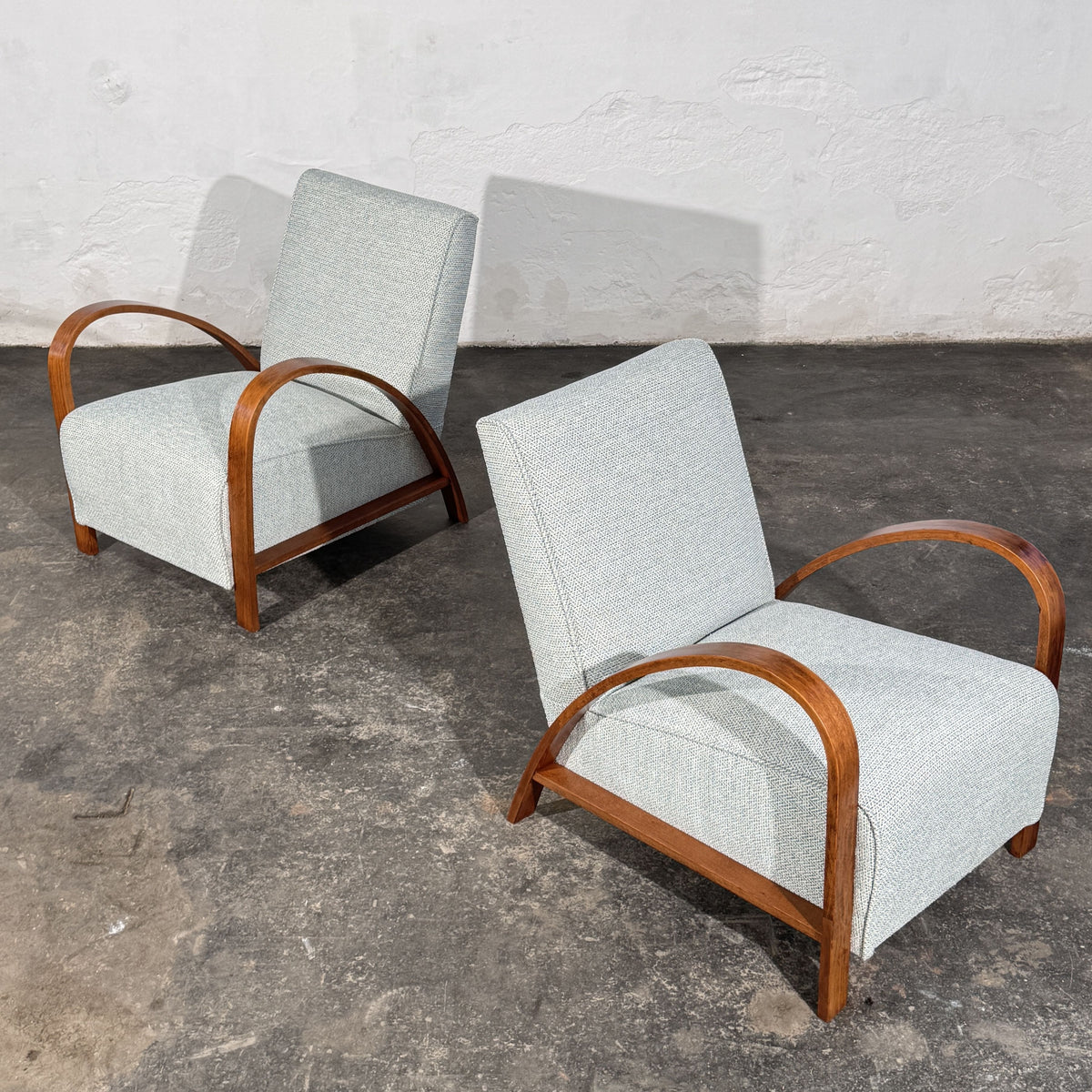 Pair of French Art Deco Style Armchairs with Arched Wooden Arms, 1960s