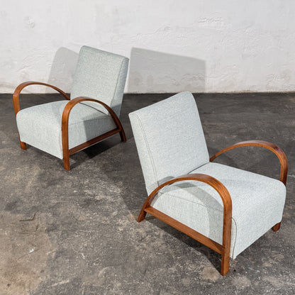 Pair of French Art Deco Style Armchairs with Arched Wooden Arms, 1960s