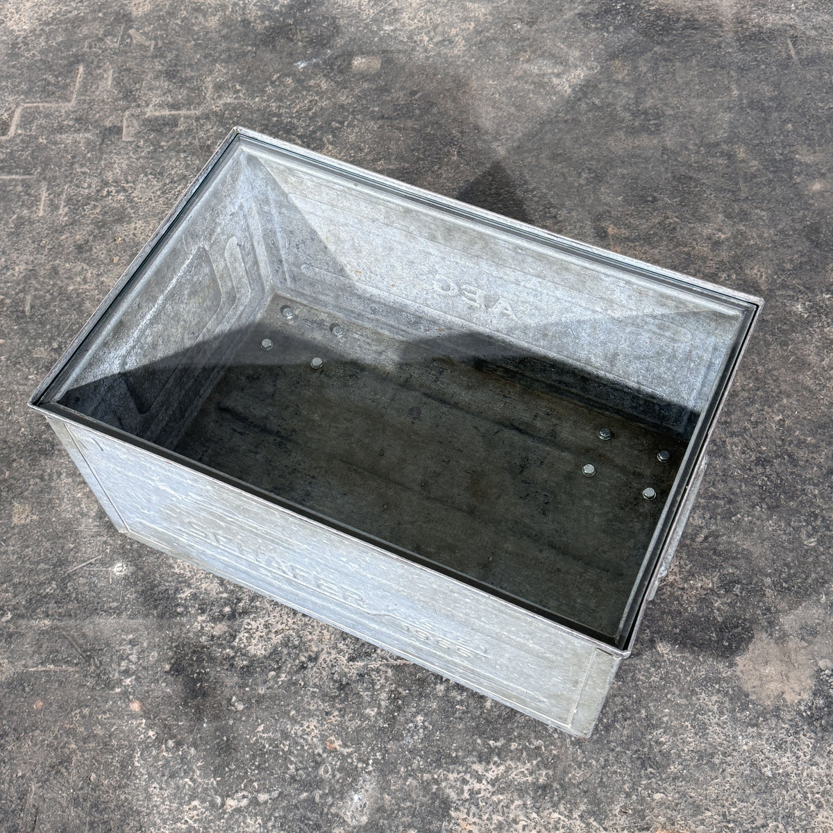 Industrial Metal Crate Coffee Table with Glass Top and Wheels, Schäfer Crate Dated 1965