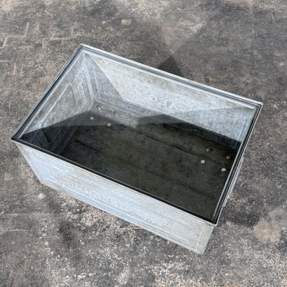 Industrial Metal Crate Coffee Table with Glass Top and Wheels, Schäfer Crate Dated 1965
