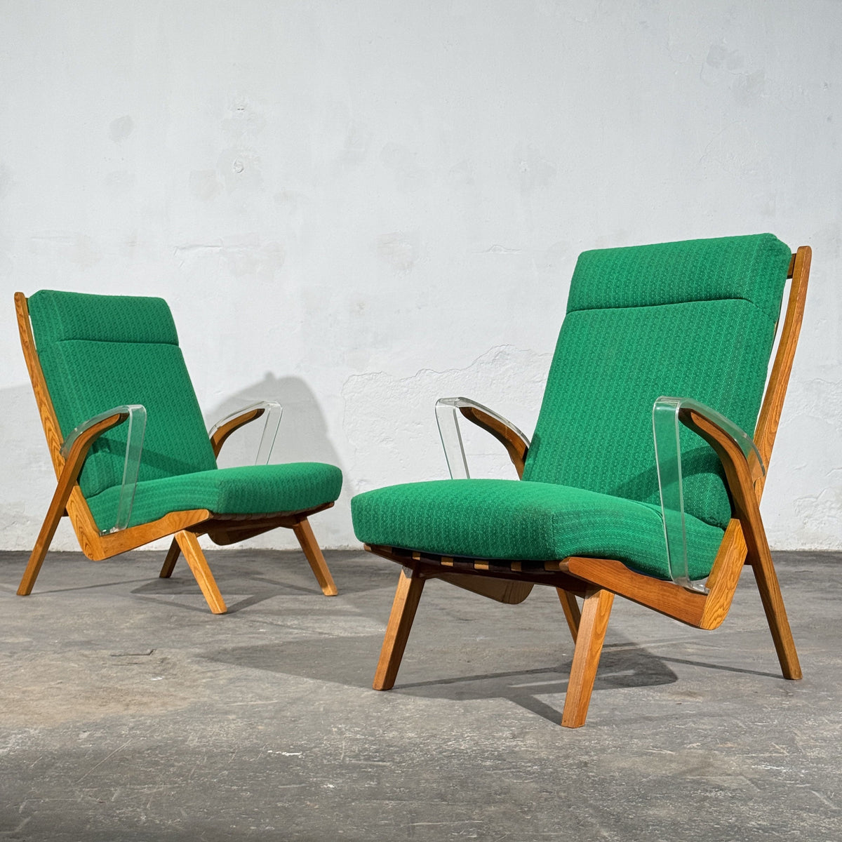 Pair of Green Armchairs with Lucite Armrests, Attributed to ULUV, Czechoslovakia, 1960s