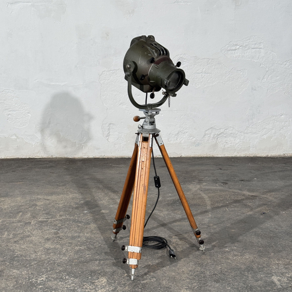 Strand Electric Theatre Spotlight on Adjustable Wooden Tripod, Mid-20th Century