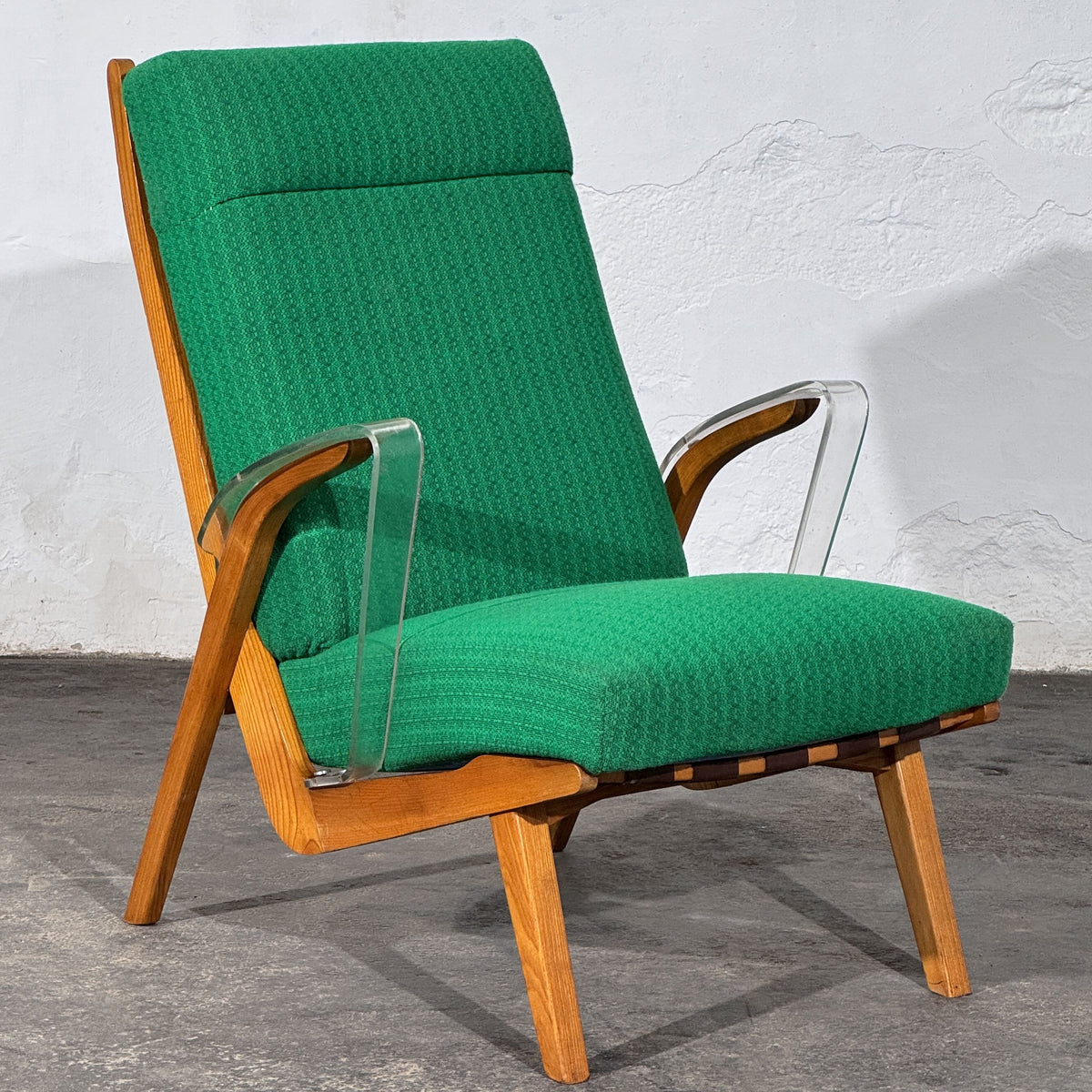 Pair of Green Armchairs with Lucite Armrests, Attributed to ULUV, Czechoslovakia, 1960s