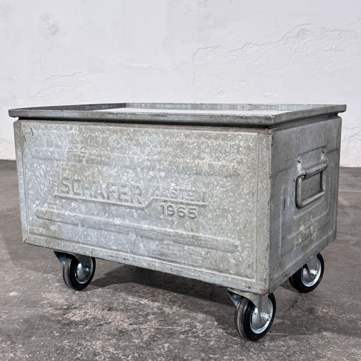 Industrial Metal Crate Coffee Table with Glass Top and Wheels, Schäfer Crate Dated 1965
