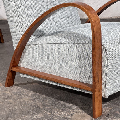 Pair of French Art Deco Style Armchairs with Arched Wooden Arms, 1960s