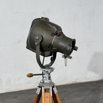Strand Electric Theatre Spotlight on Adjustable Wooden Tripod, Mid-20th Century