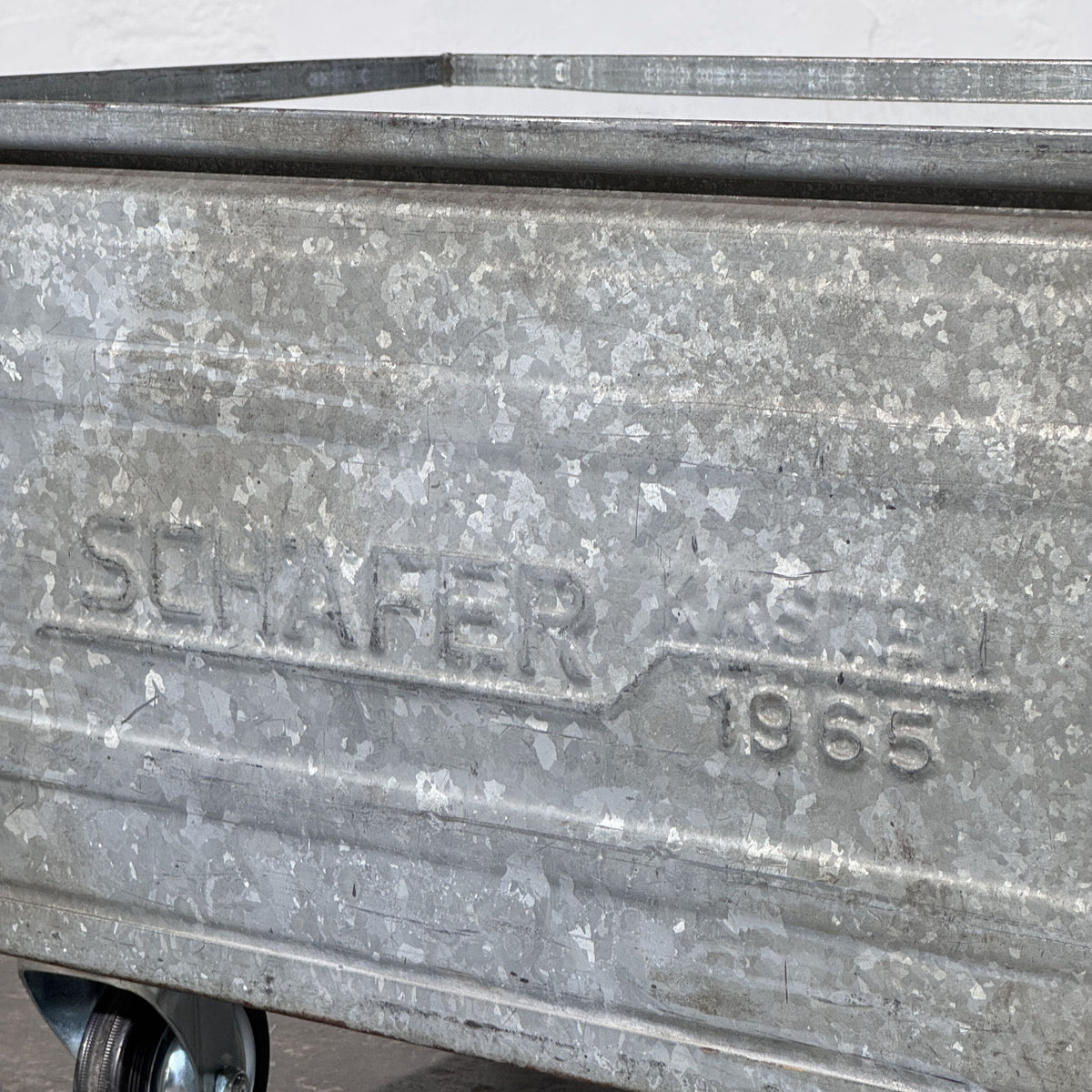 Industrial Metal Crate Coffee Table with Glass Top and Wheels, Schäfer Crate Dated 1965