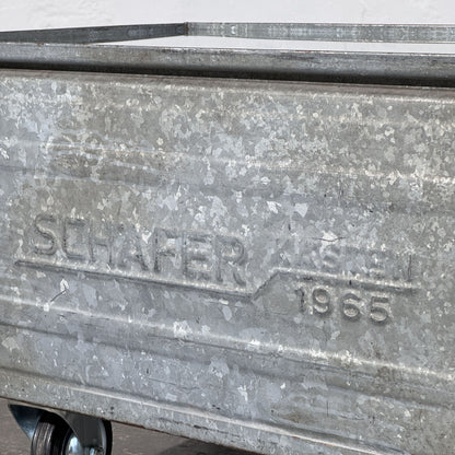 Industrial Metal Crate Coffee Table with Glass Top and Wheels, Schäfer Crate Dated 1965