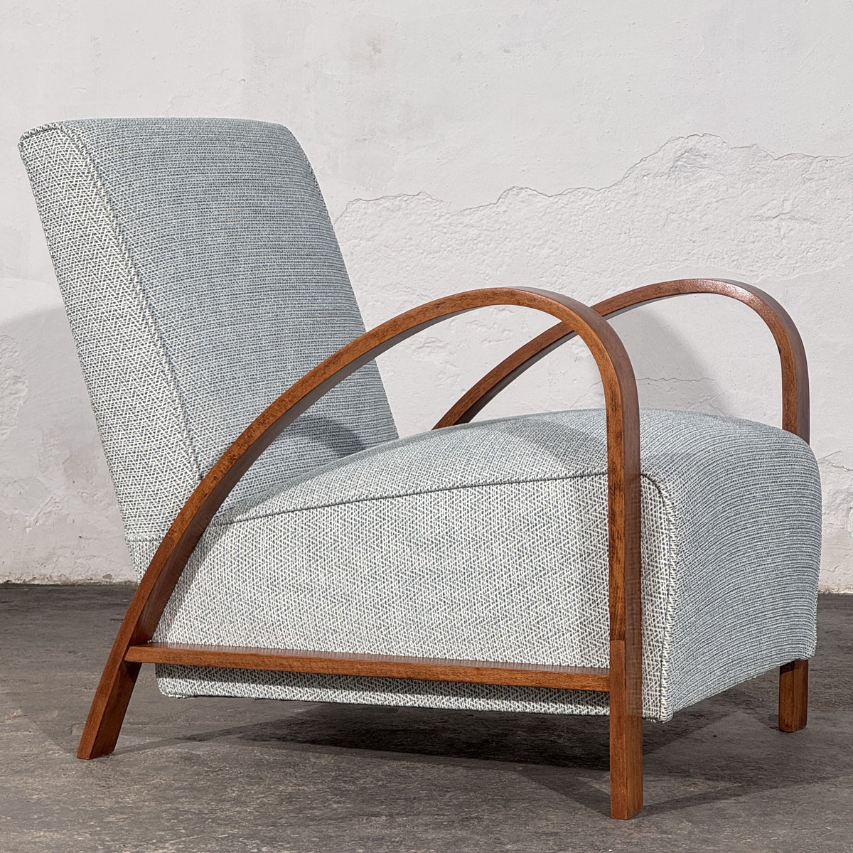 Pair of French Art Deco Style Armchairs with Arched Wooden Arms, 1960s