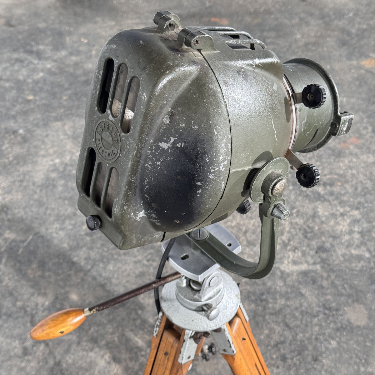 Strand Electric Theatre Spotlight on Adjustable Wooden Tripod, Mid-20th Century