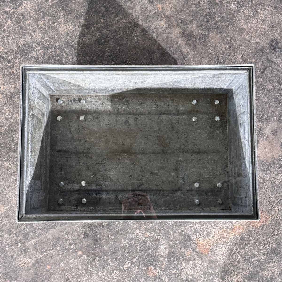 Industrial Metal Crate Coffee Table with Glass Top and Wheels, Schäfer Crate Dated 1965