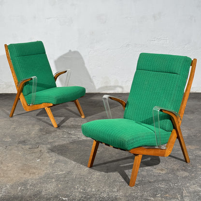 Pair of Green Armchairs with Lucite Armrests, Attributed to ULUV, Czechoslovakia, 1960s