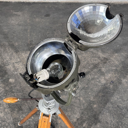 Strand Electric Theatre Spotlight on Adjustable Wooden Tripod, Mid-20th Century