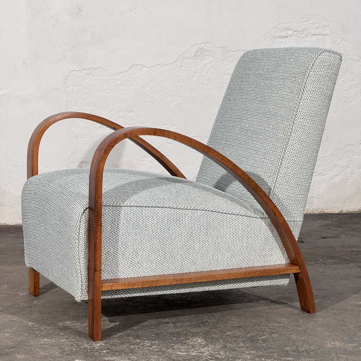 Pair of French Art Deco Style Armchairs with Arched Wooden Arms, 1960s