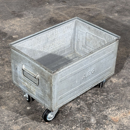 Industrial Metal Crate Coffee Table with Glass Top and Wheels, Schäfer Crate Dated 1965
