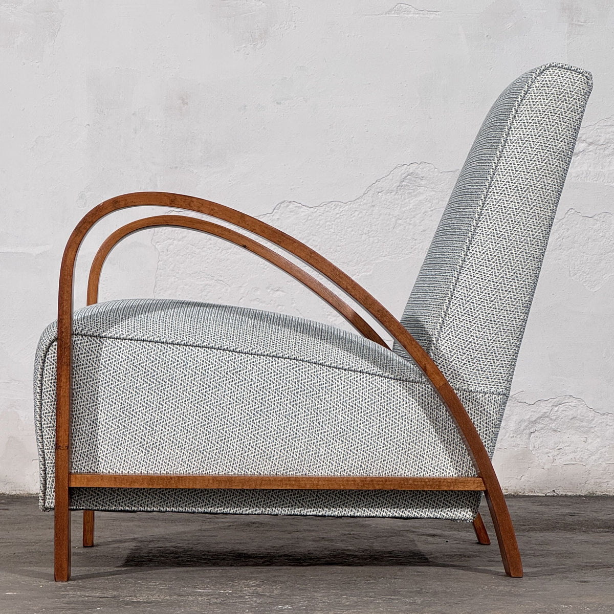 Pair of French Art Deco Style Armchairs with Arched Wooden Arms, 1960s