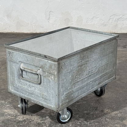 Industrial Metal Crate Coffee Table with Glass Top and Wheels, Schäfer Crate Dated 1965