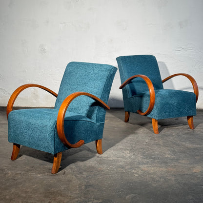 Pair of Halabala H-410 Armchairs, Fully Refurbished, 1930s