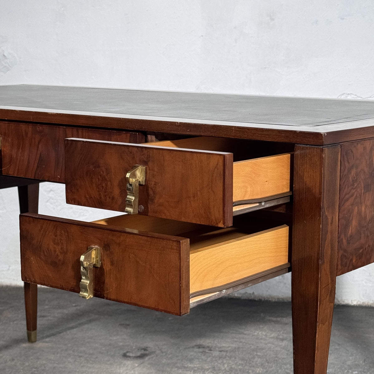 Burl Walnut Writing Desk with Leather Top by FEKA, 1970s