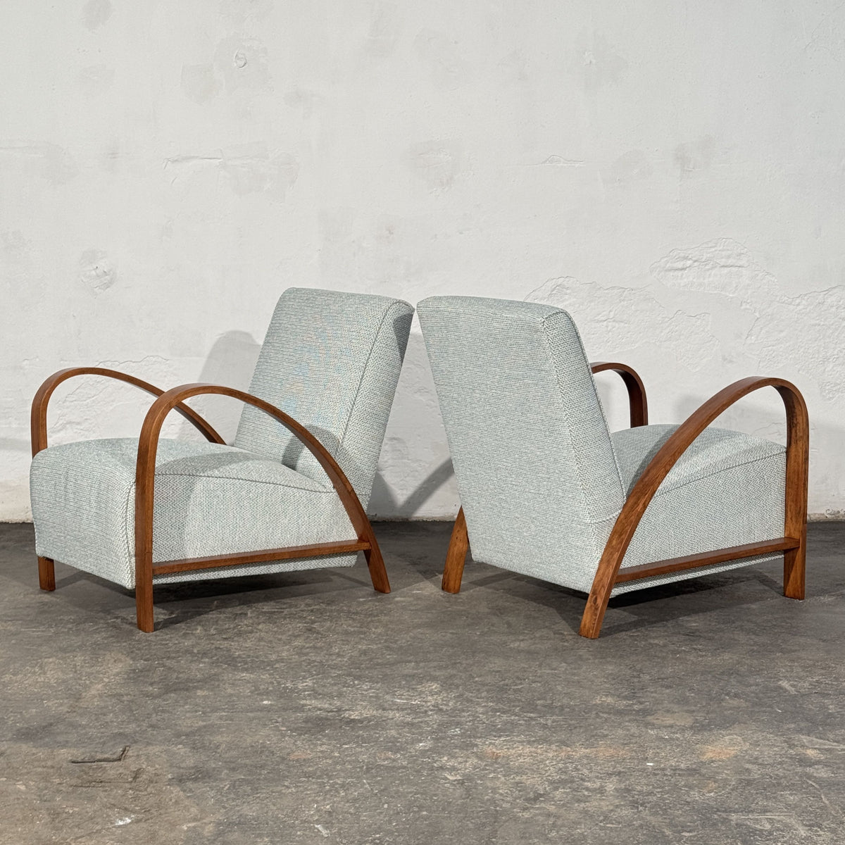 Pair of French Art Deco Style Armchairs with Arched Wooden Arms, 1960s