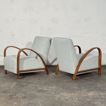 Pair of French Art Deco Style Armchairs with Arched Wooden Arms, 1960s