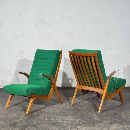 Pair of Green Armchairs with Lucite Armrests, Attributed to ULUV, Czechoslovakia, 1960s