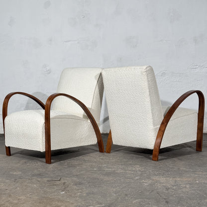 Pair of French Art Deco Style Bentwood Armchairs in White Bouclé, 1960s