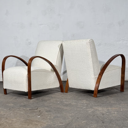 Pair of French Art Deco Style Bentwood Armchairs in White Bouclé, 1960s