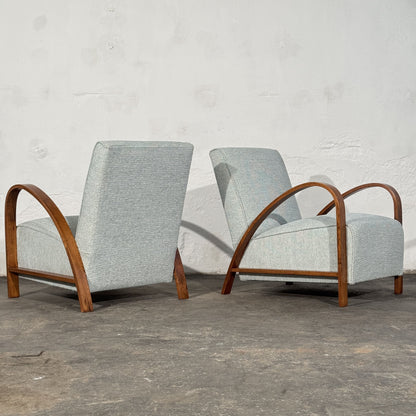 Pair of French Art Deco Style Armchairs with Arched Wooden Arms, 1960s