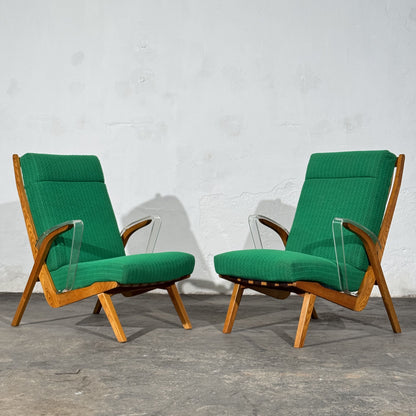 Pair of Green Armchairs with Lucite Armrests, Attributed to ULUV, Czechoslovakia, 1960s
