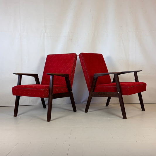 Pair of Hungarian Retro Armchairs in Original Red Fabric, 1960s