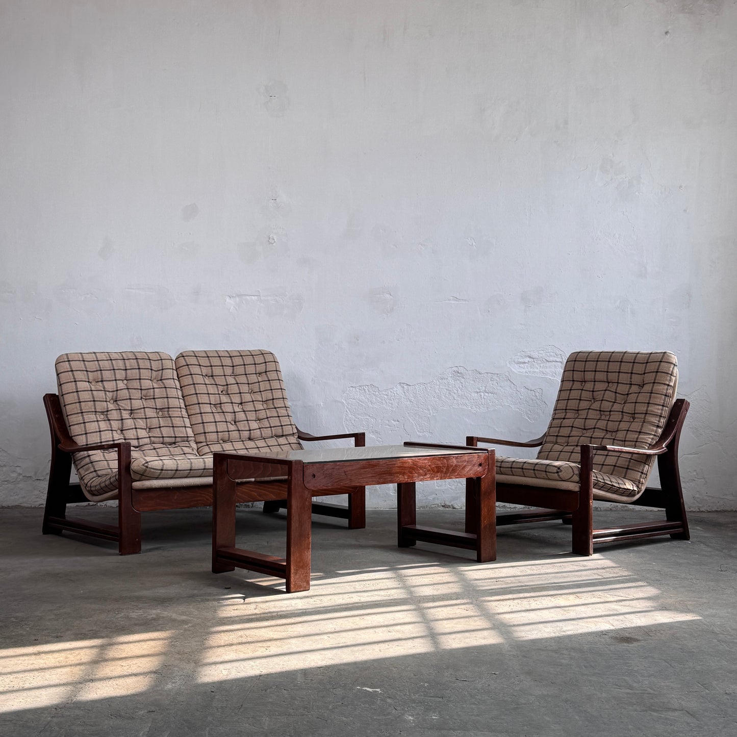 Vintage Hungarian Plaid Lounge Suite with Coffee Table, 1970s