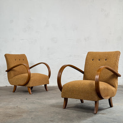 Pair of Fully Refurbished H-410 Art Deco Armchairs by Jindřich Halabala, 1930