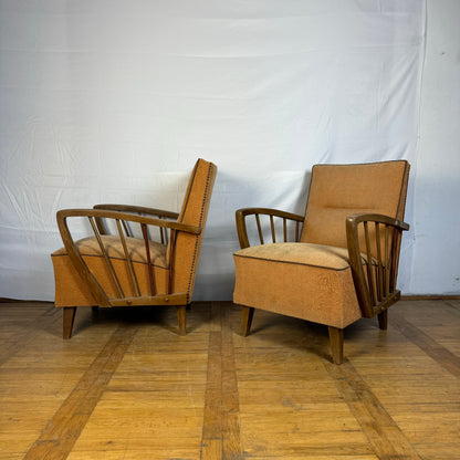 Pair of DDR oak armchairs with ottoman 1960s