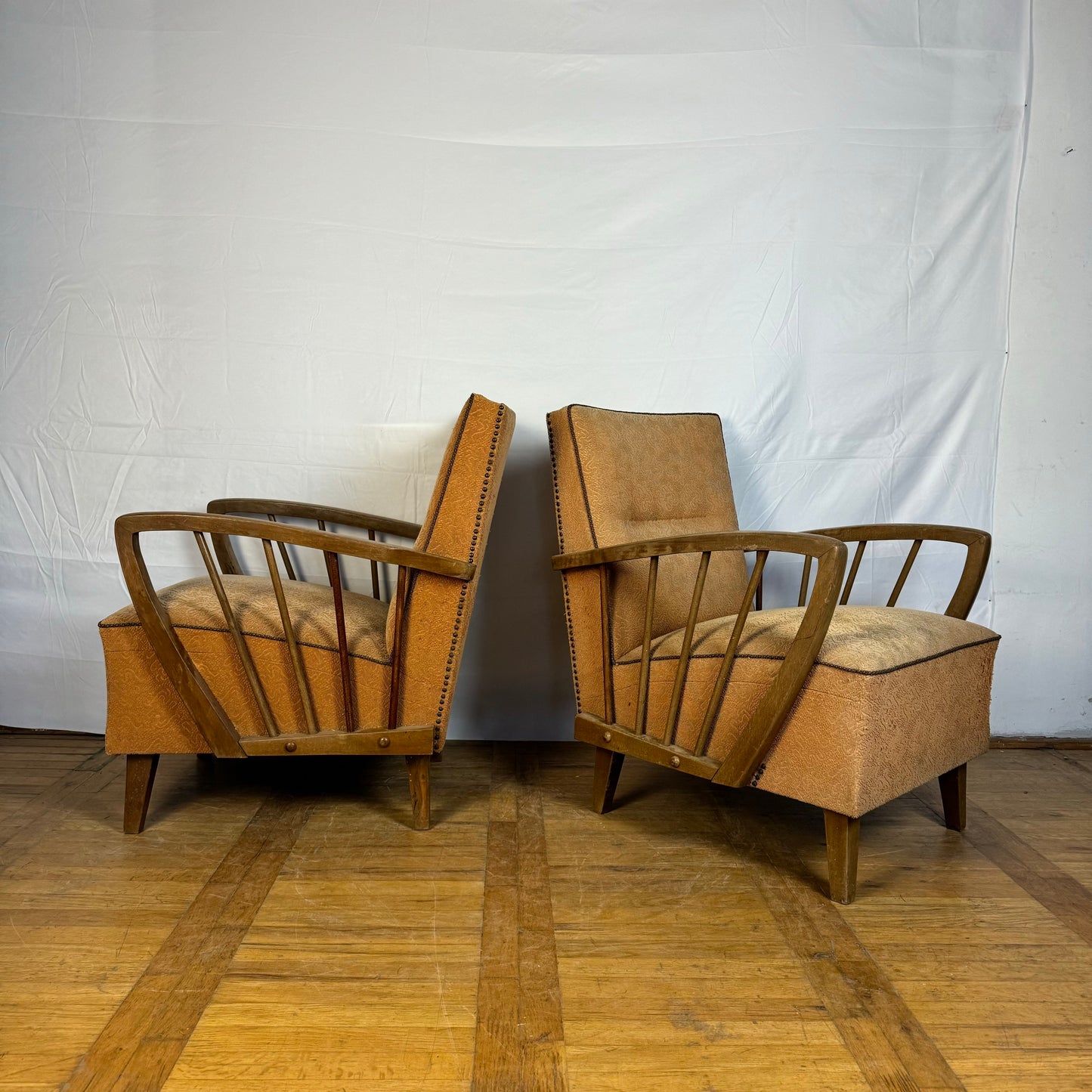 Pair of DDR oak armchairs with ottoman 1960s