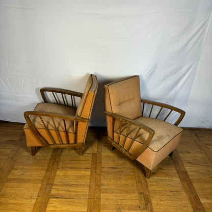 Pair of DDR oak armchairs with ottoman 1960s