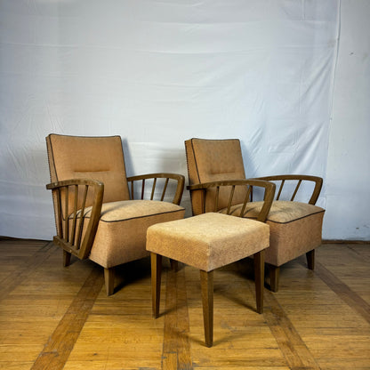 Pair of DDR oak armchairs with ottoman 1960s