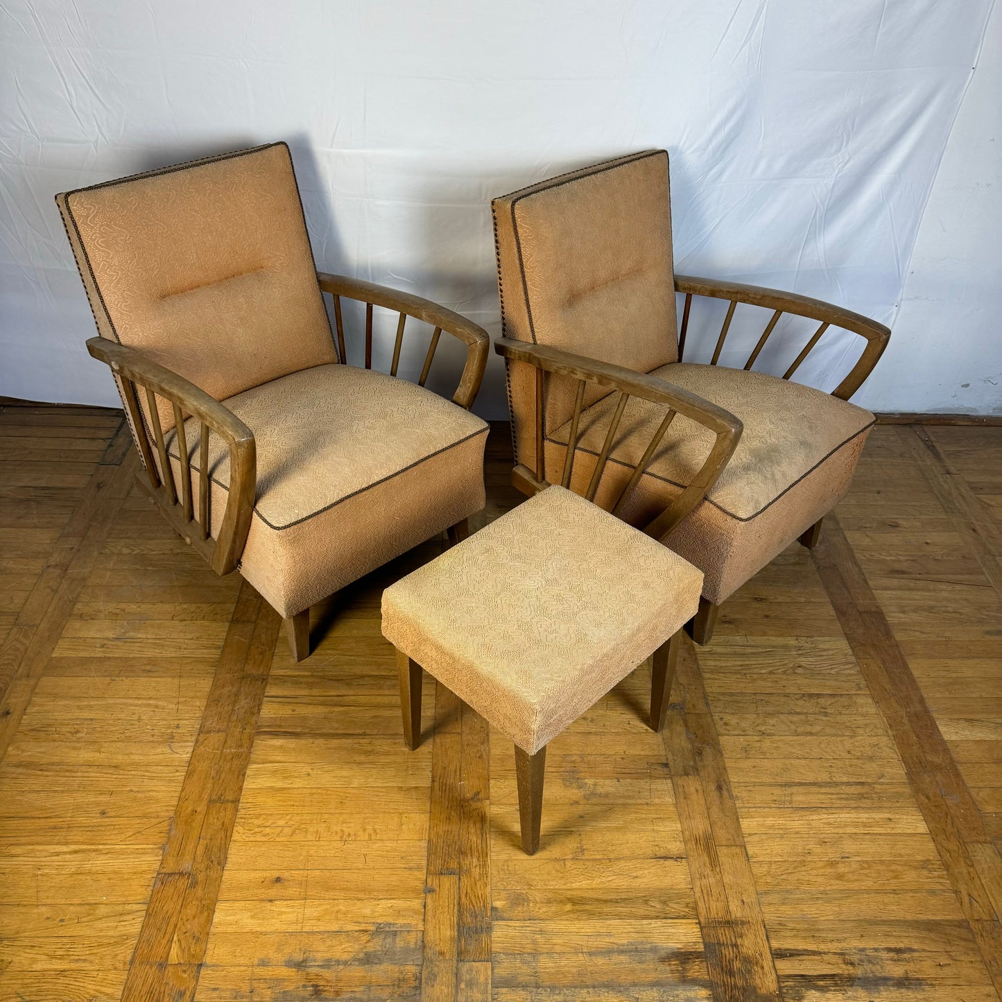 Pair of DDR oak armchairs with ottoman 1960s