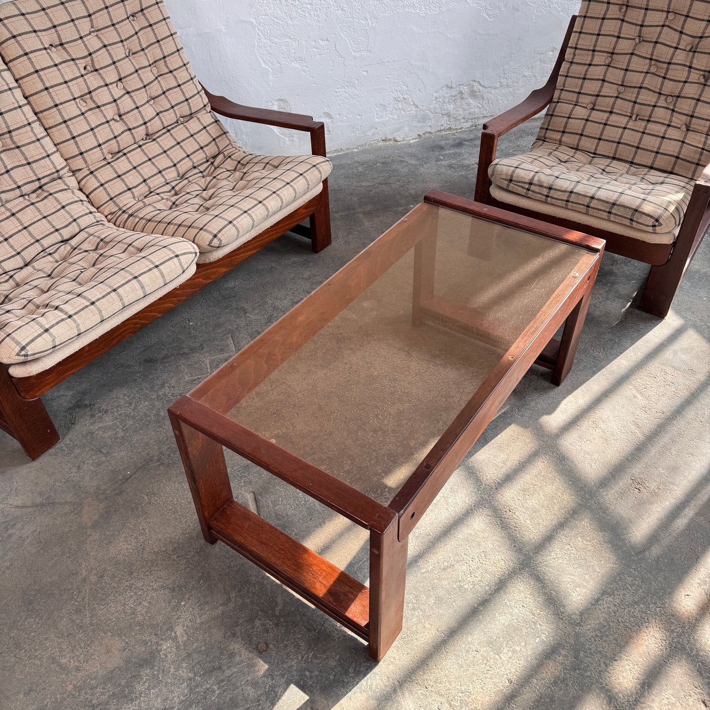 Vintage Hungarian Plaid Lounge Suite with Coffee Table, 1970s
