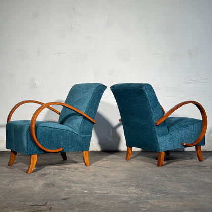 Pair of Halabala H-410 Armchairs, Fully Refurbished, 1930s