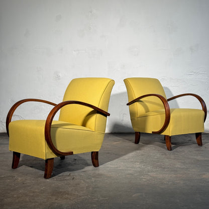Pair of Halabala H-410 Armchairs, Fully Refurbished, 1930s