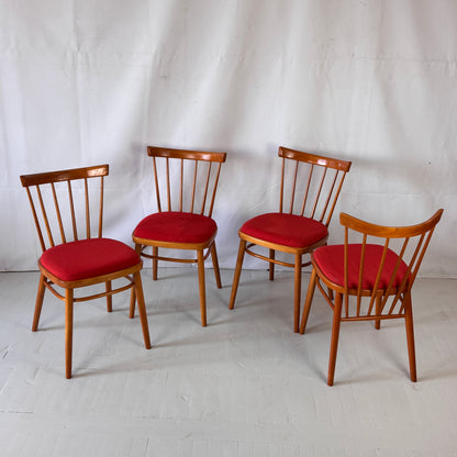 Set of 4 Tatra Nabytok Red Spindle-back Dining Chairs, 1960s